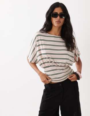 Top rayé cintré à la taille avec manches chauve-souris - Rose et vert-multicolore L