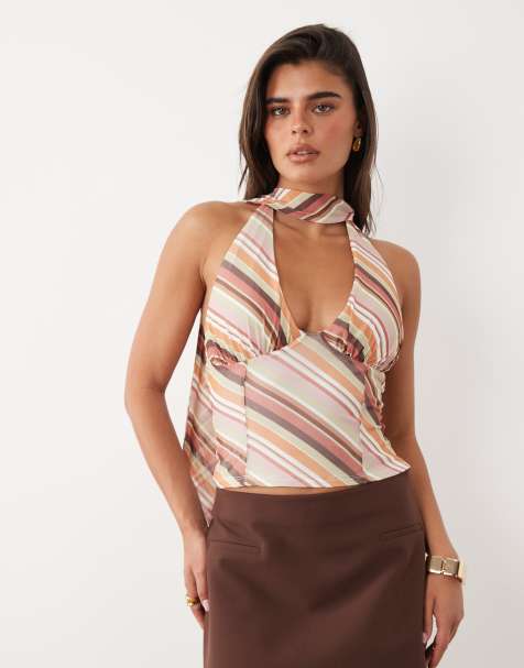 ASOS DESIGN - Top rayé en tulle avec col V et détail foulard - Rouille - view 1