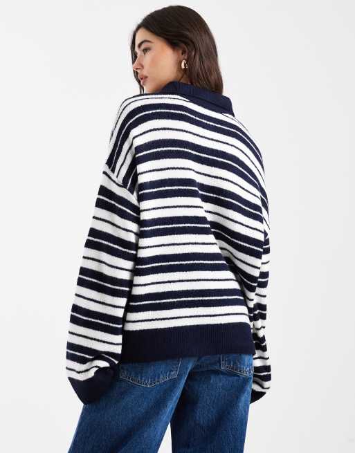 ASOS DESIGN - Top rayé style polo de rugby en maille duveteuse - Bleu marine, 3 de 4