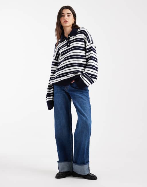 ASOS DESIGN - Top rayé style polo de rugby en maille duveteuse - Bleu marine, 4 de 4