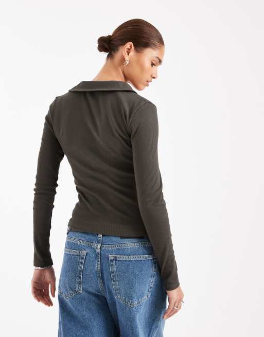 ASOS DESIGN - Top rétréci et côtelé à col boutonné et manches longues - Anthracite, 3 de 4