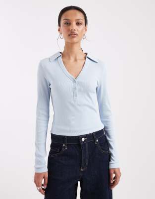 Top rétréci et côtelé à col boutonné et manches longues - Bleu clair-Vert M