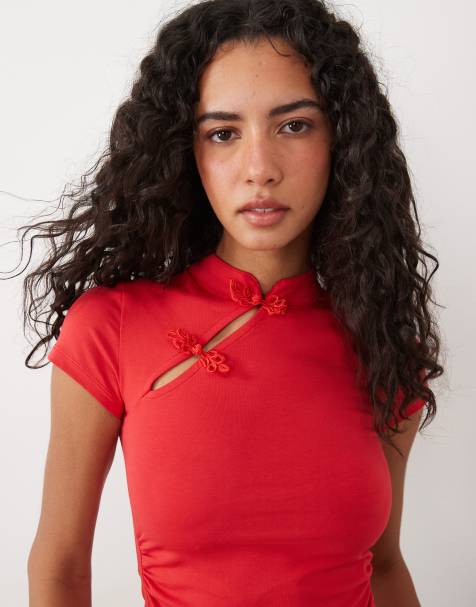 ASOS DESIGN - top rojo con cuello mao y manga de casquillo - view 1