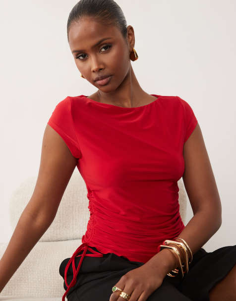 ASOS DESIGN - Top rojo con mangas de casquillo, bordes ondulados y detalle acanalado fruncido - view 1
