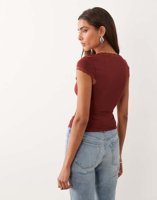 ASOS DESIGN - Top rojo óxido ceñido con mangas de casquillo y ribete de encaje, 4 de 4