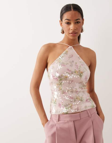 ASOS DESIGN - Top rosa a fiori aperto dietro con paillettes - view 1