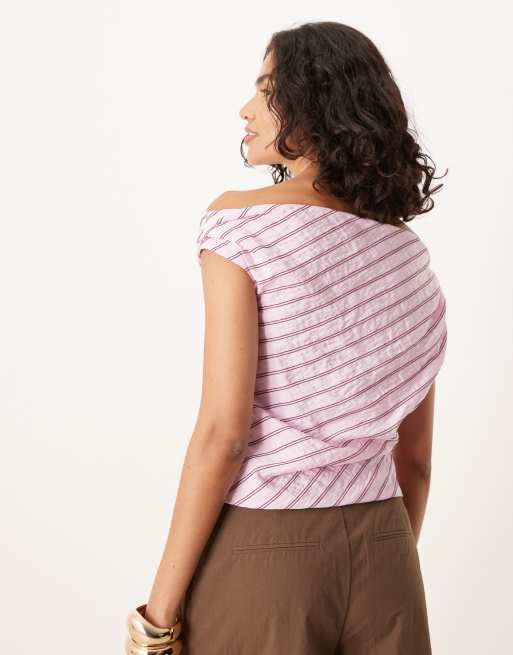 ASOS DESIGN - Top rosa a righe con spalle scoperte in tessuto modal drappeggiato in coordinato, 4 di 4