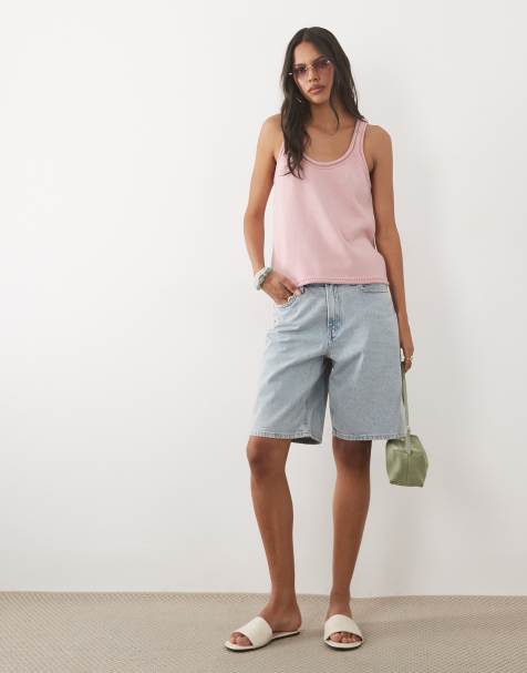 ASOS DESIGN - Top rosa de tirantes con cuello ancho redondeado de punto de mezcla de algodón - view 1