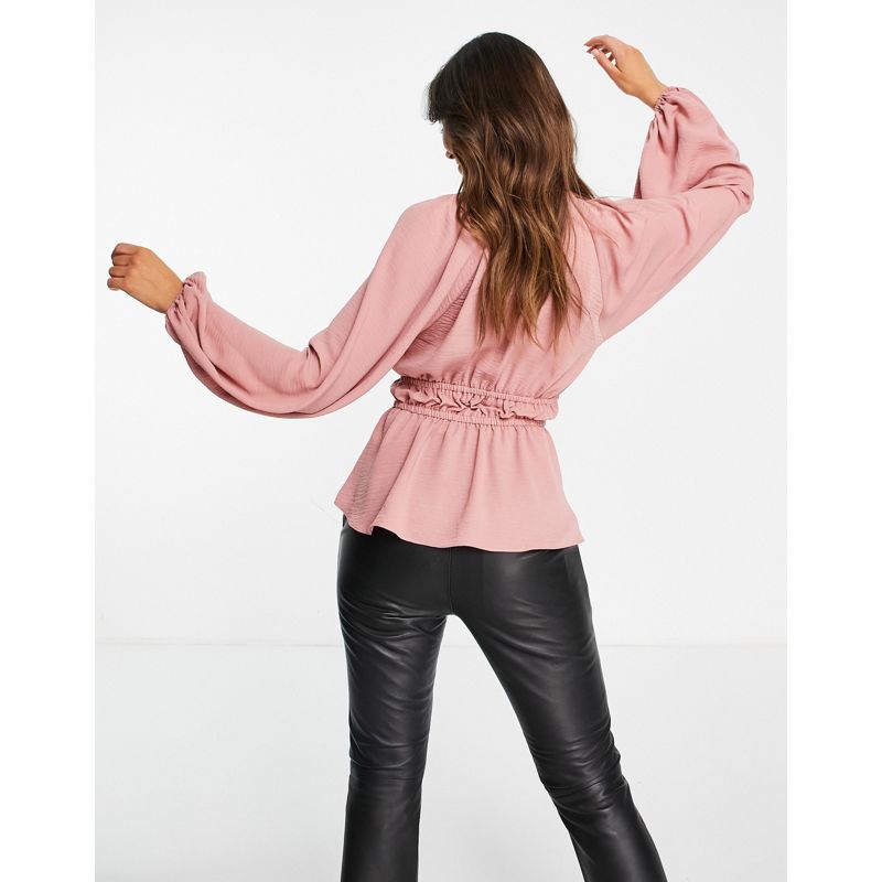 Donna Top DESIGN - Top rosa delicato con scollo a V, maniche lunghe a kimono e allacciatura sul davanti 