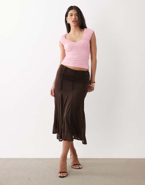ASOS DESIGN - Top rosa fruncido con cuello ancho de malla - view 1