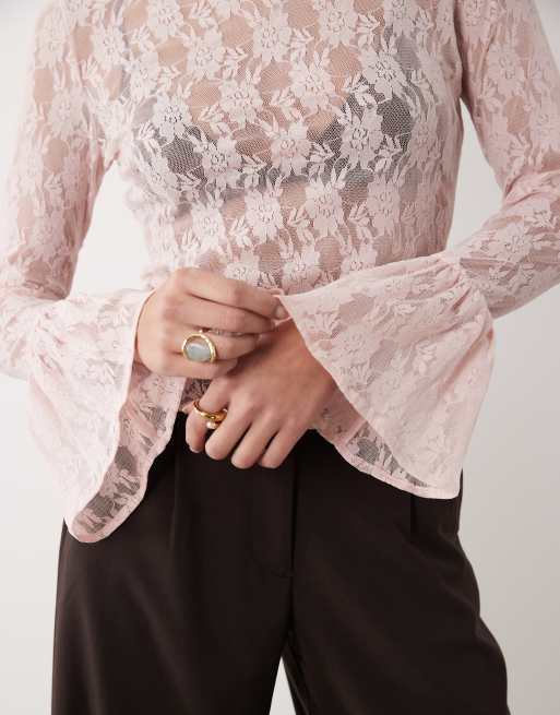 ASOS DESIGN - Top rosa pallido in pizzo trasparente con maniche scampanate, 3 di 4