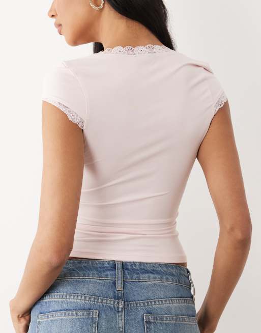 ASOS DESIGN - Top rosa pastel ceñido con mangas de casquillo y ribete de encaje, 4 de 4
