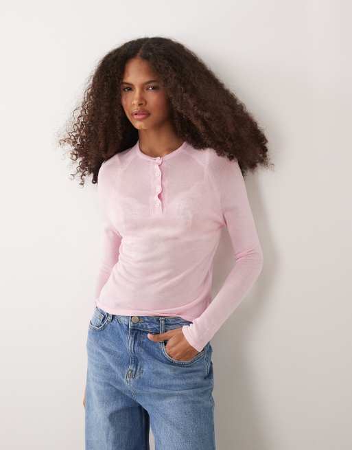 ASOS DESIGN - Top rosa transparente con cuello panadero de punto fino, 4 de 4
