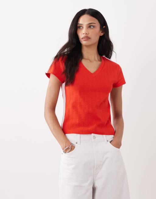 ASOS DESIGN - Top rosso a maniche corte con righe a contrasto, 3 di 4