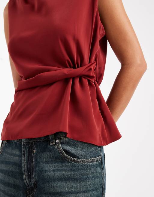 ASOS DESIGN - Top sans manches à col bénitier et détail torsadé à la taille - Bordeaux, 3 de 4