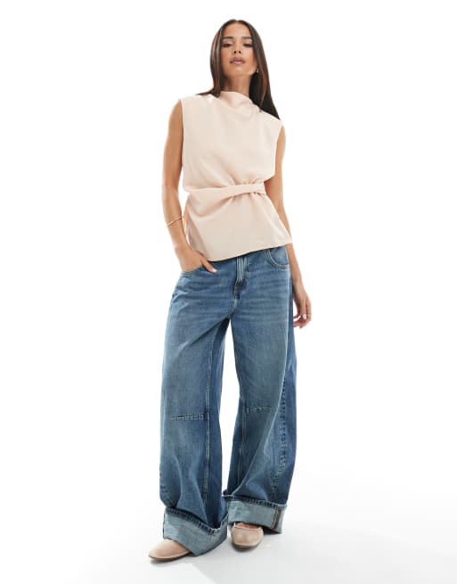 ASOS DESIGN - Top sans manches à col bénitier et détail torsadé à la taille - Pêche, 2 de 4