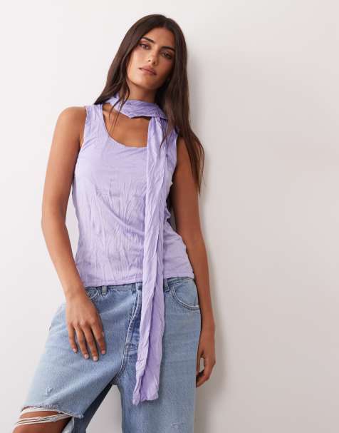 ASOS DESIGN top sans manches à col foulard froissé lilas - view 1