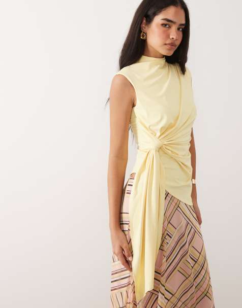 ASOS DESIGN - Top sans manches à col montant et détail noué - Citron - view 1