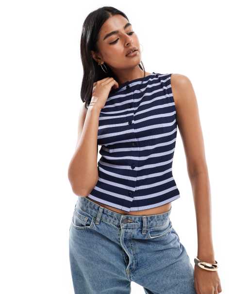 ASOS DESIGN - Top sans manches boutonné à rayures - Bleu marine - view 1