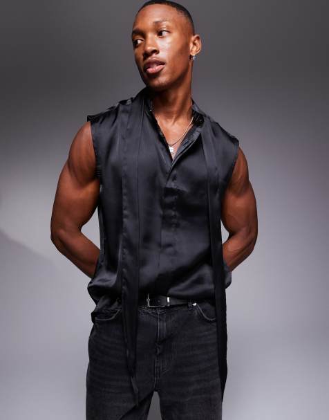 ASOS DESIGN - Top sans manches coupe classique en satin à col noué - Noir - view 1