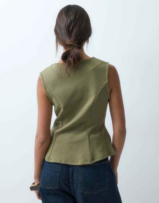 ASOS DESIGN - Top sans manches en maille interlock avec basque et boutons abstraits dorés - Kaki, 2 de 4