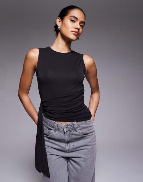 ASOS DESIGN - Top sans manches en modal froncé à taille drapée - Noir - view 1