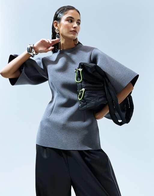 ASOS DESIGN - Top sartoriale a maniche corte in tessuto scuba antracite mélange