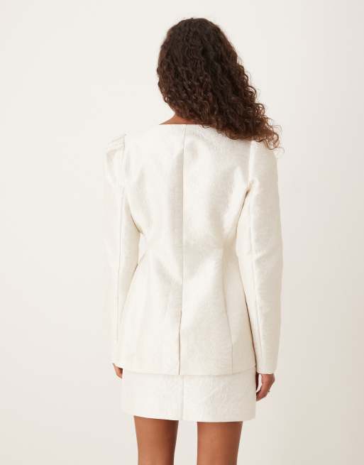 ASOS DESIGN - Top sartoriale jacquard color crema con maniche a sbuffo in coordinato, 3 di 4