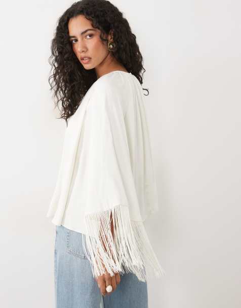 ASOS DESIGN - top satinado de línea A con ribete de flecos en crudo - view 1