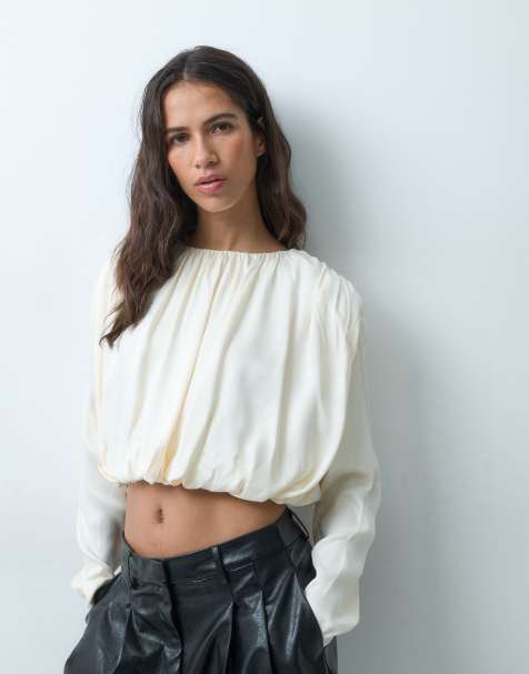 ASOS DESIGN top satinado de manga larga estilo globo en marfil - view 1