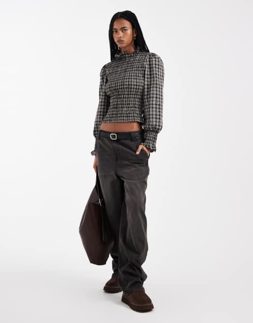 ASOS DESIGN - Top sblusato marrone a quadri con arricciature, 2 di 4