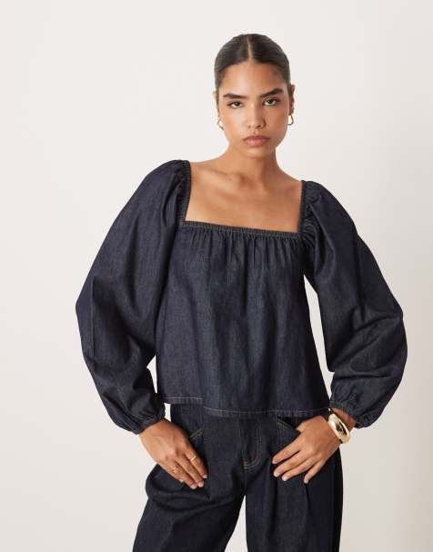 ASOS DESIGN - Top scampanato a maniche lunghe in denim rinse wash - view 1