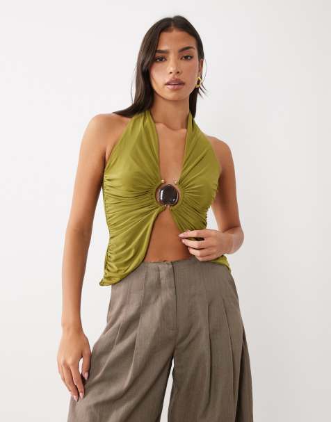 ASOS DESIGN top scollato con dettaglio hardware in verde - view 1