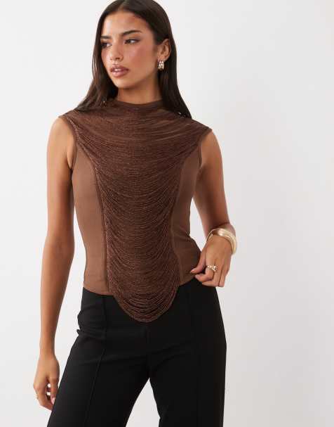 ASOS DESIGN top sculptant à col montant avec franges drapées couleur chocolat - view 1