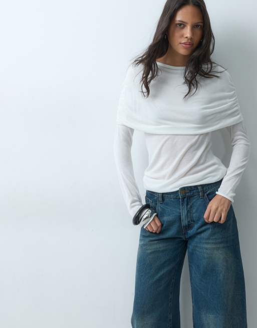 ASOS DESIGN top seconde peau cape froncée à superpositions crème, 4 de 5