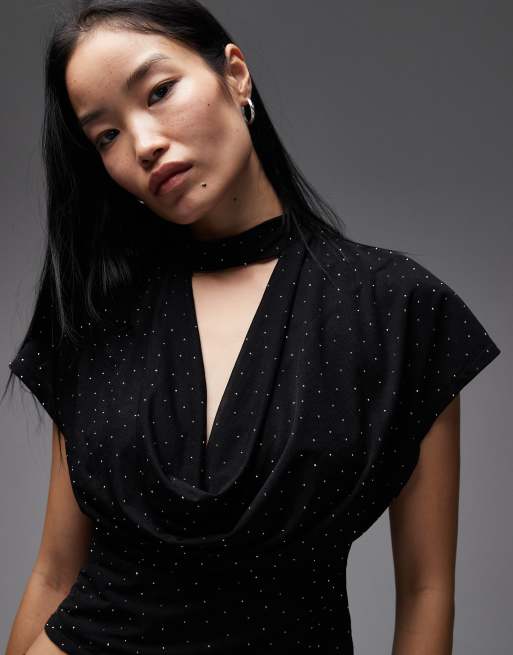 ASOS DESIGN - Top semi-transparent à col bénitier échancré et strass thermocollés - Noir, 2 de 4