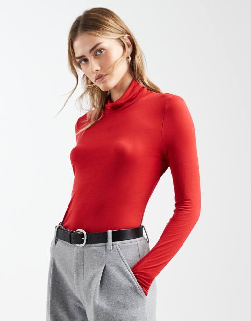 ASOS DESIGN - Top semi- transparent à manches longues et col cheminée - Rouge