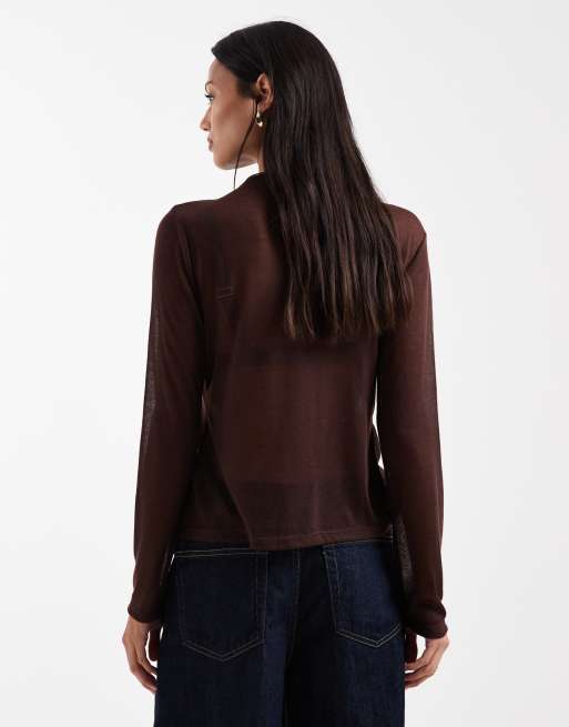 ASOS DESIGN - Top semi-transparent effet maille à manches longues et col drapé - Chocolat, 3 de 4