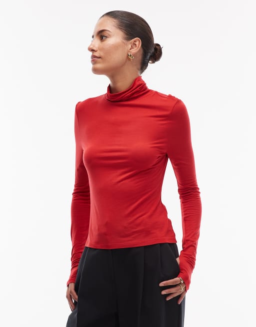 ASOS DESIGN - Top semi-transparent effet seconde peau à manches longues et col cheminée - Rouge