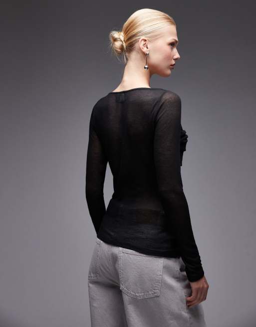 ASOS DESIGN - Top semi-transparent en aspect maille à manches longues et superposition froncée sur le buste - Noir, 4 de 4