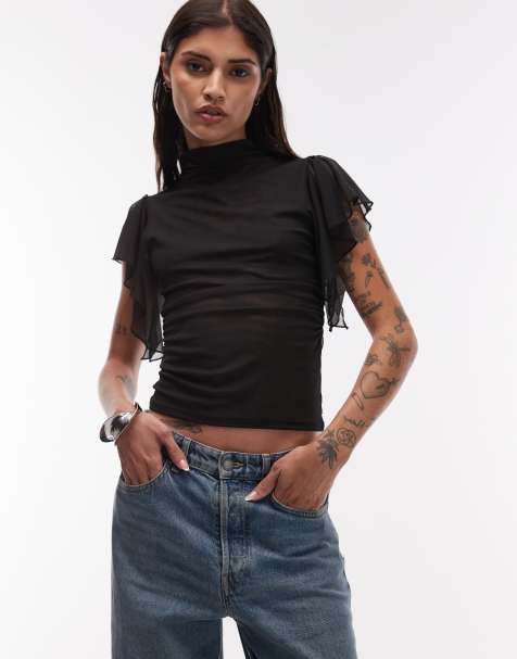 ASOS DESIGN - Top semi-transparent en tulle à manches évasées et col montant - Noir - view 1