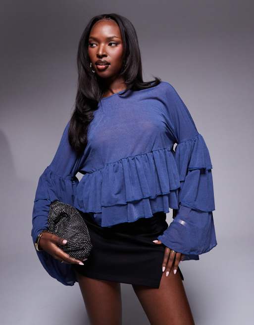 ASOS DESIGN - Top semitrasparente blu con volant oversize