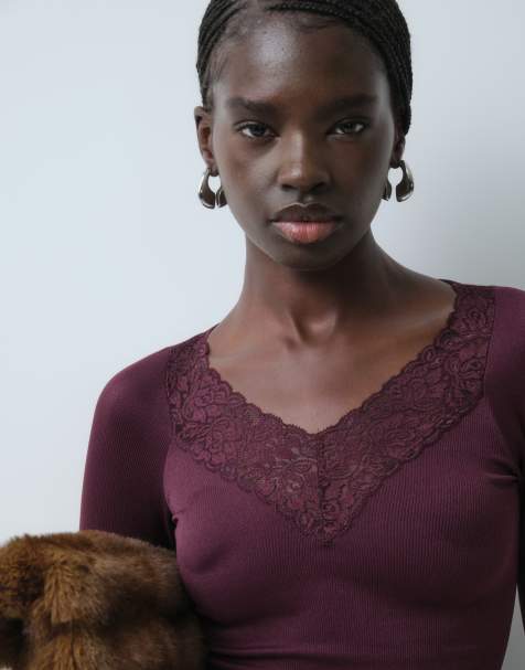 ASOS DESIGN top senza cuciture con scollo a V e dettaglio in pizzo a maniche lunghe color prugna - view 1