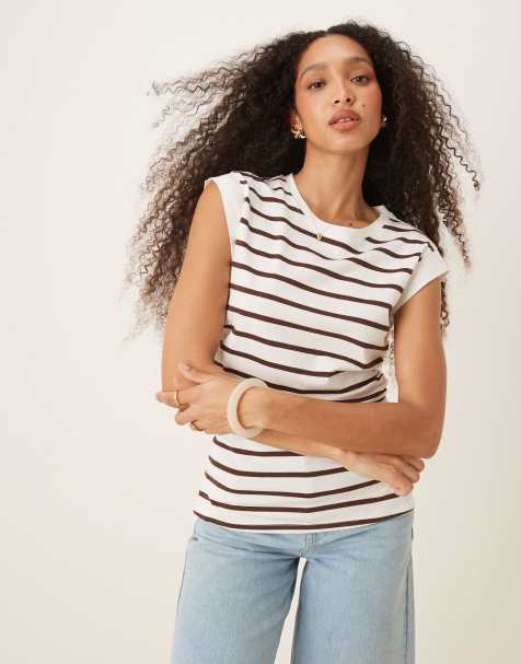 ASOS DESIGN - Top senza maniche a righe marrone e crema con vita a corsetto e spalle accentuate - view 1