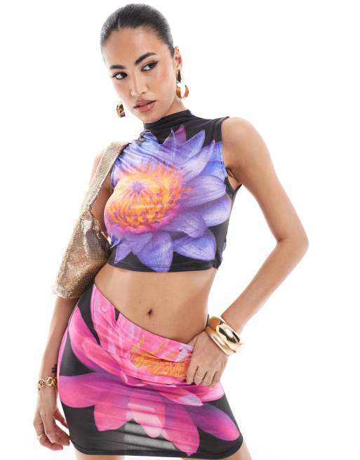 ASOS DESIGN - Top senza maniche aderente a fiori grandi in coordinato