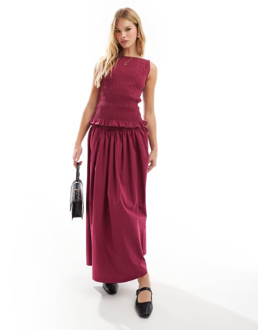 ASOS DESIGN - Top senza maniche arricciato e gonna lunga in popeline bordeaux