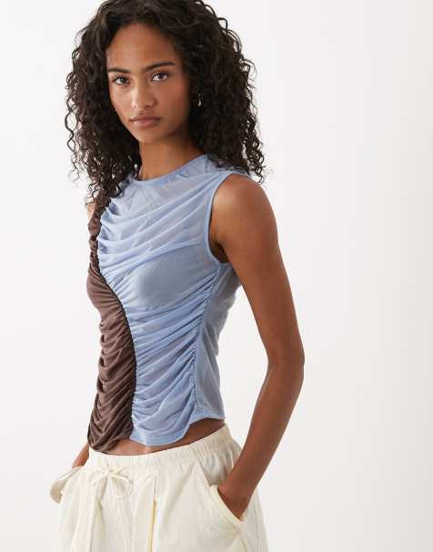 ASOS DESIGN - Top senza maniche arricciato in rete color block cioccolato e blu - view 1
