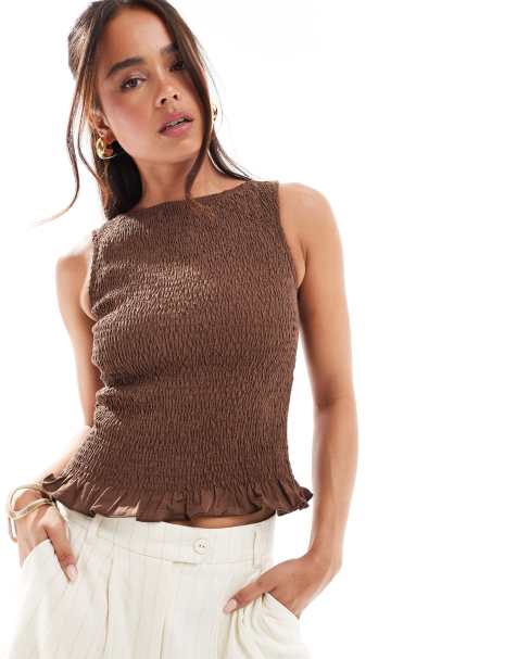 ASOS DESIGN - Top senza maniche arricciato marrone in popeline - view 1