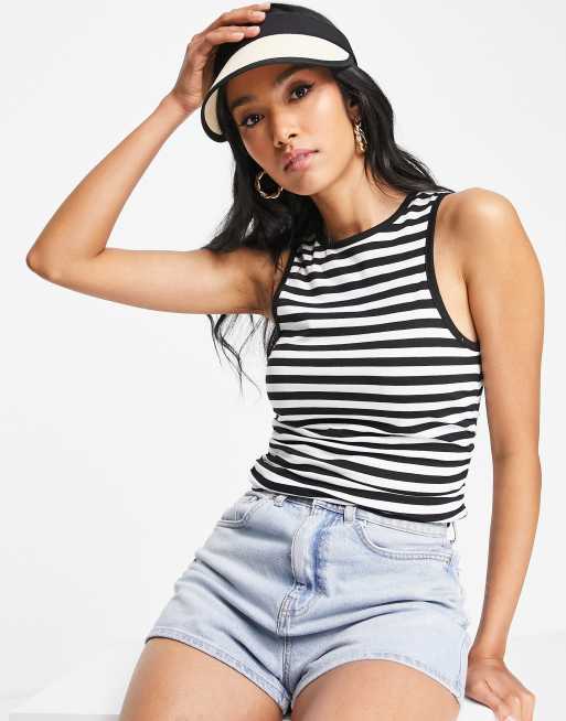 ASOS DESIGN - Top senza maniche arricciato sul lato bianco e nero a righe