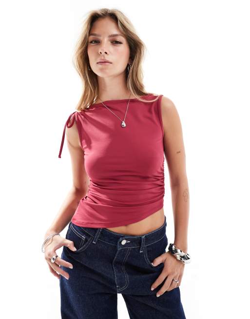 ASOS DESIGN - Top senza maniche asimmetrico color vino con coulisse